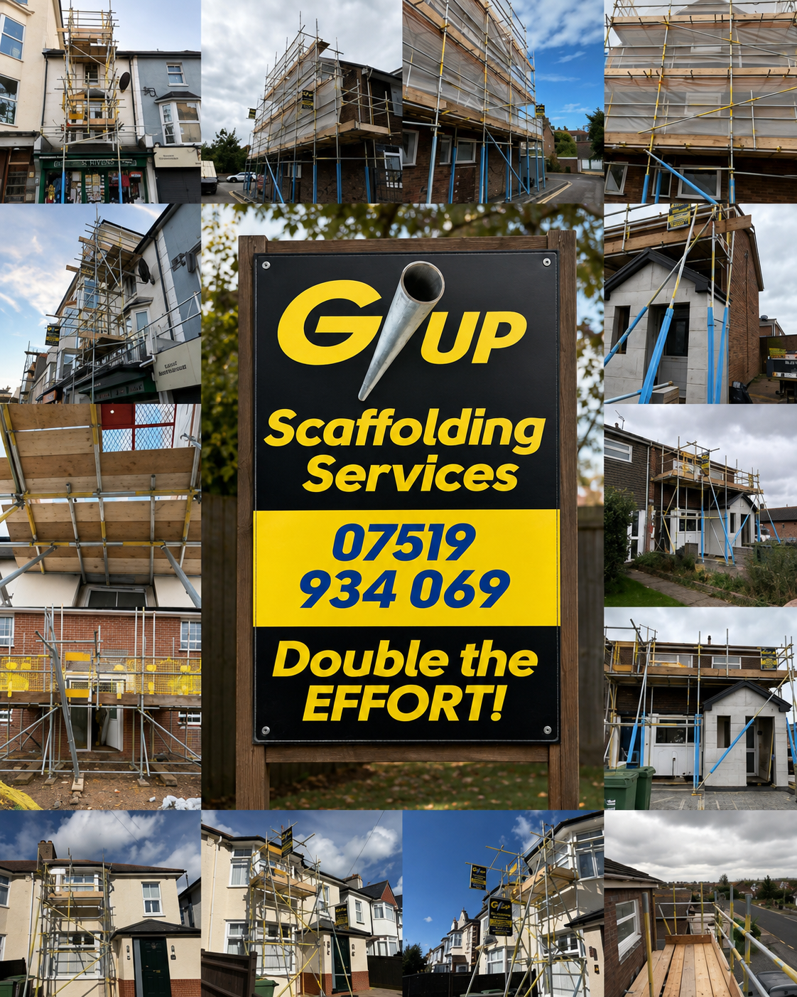 G/UP Scaffolding Services collage of Eastbourne scaffolding projects and branded sign